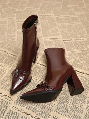 Women's Brown Patent Pointed Toe Buckle Ankle Boots